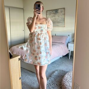 Floral Puff-Sleeve Mini Dress - Cream with Peach & Mint Floral